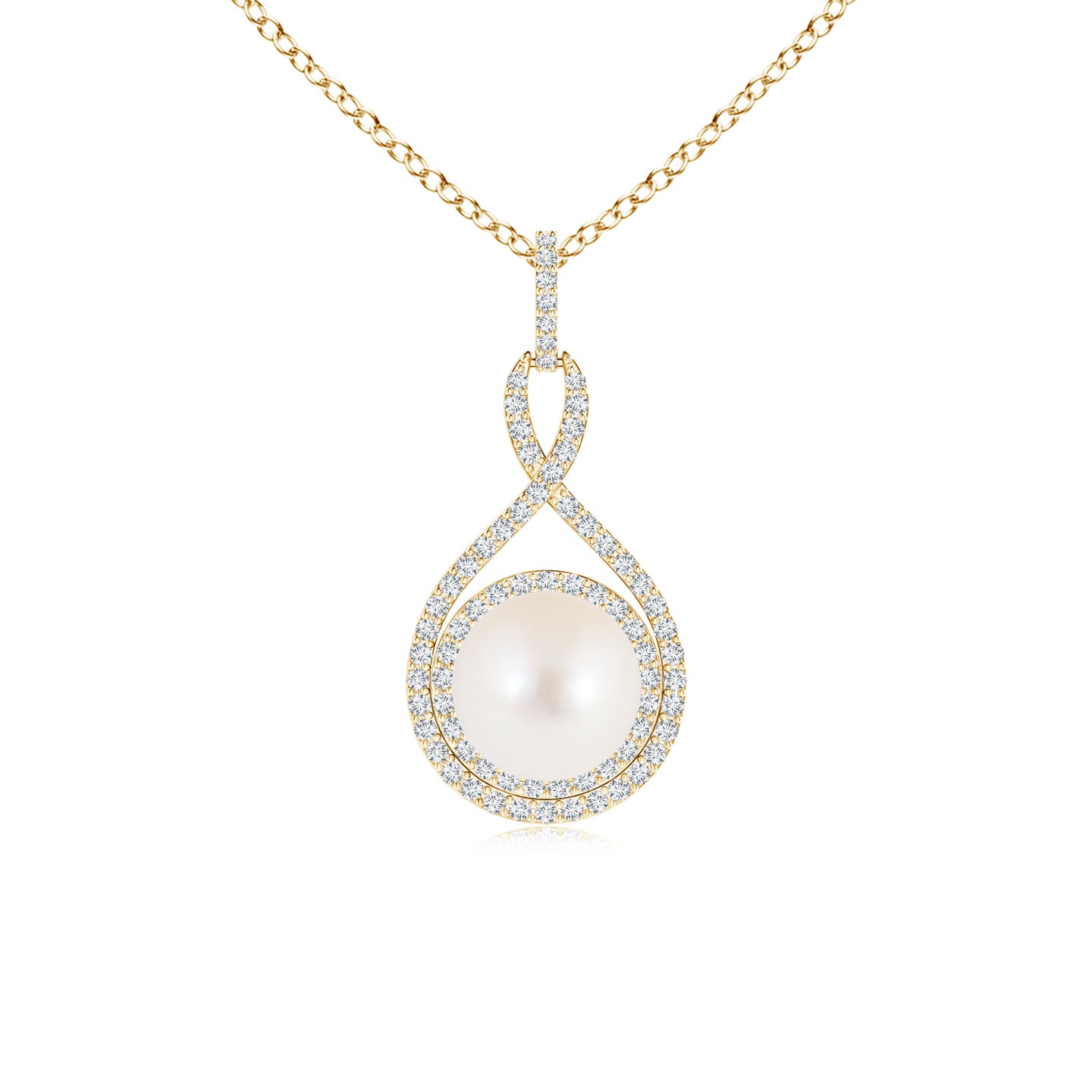 8mm AAA Freshwater Pearl Infinity Pendant with Diamond Halo in Yellow Gold