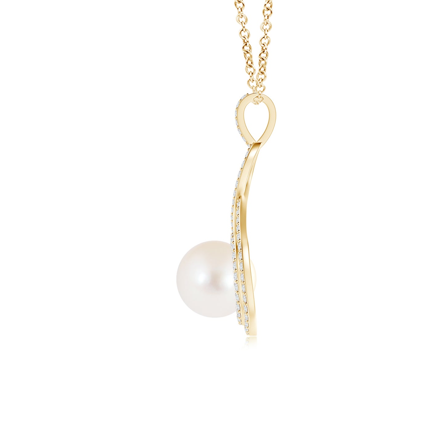 8mm AAA Freshwater Pearl Infinity Pendant with Diamond Halo in Yellow Gold