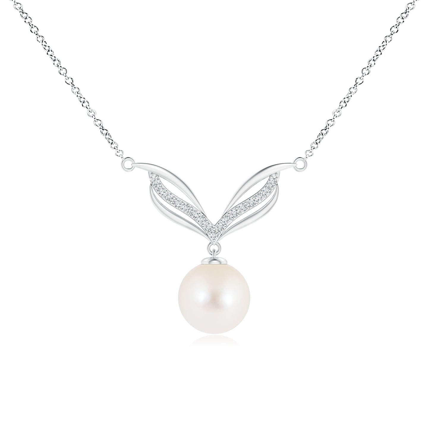 8mm AAA Freshwater Pearl Angel Wings Necklace with Diamonds in Silver
