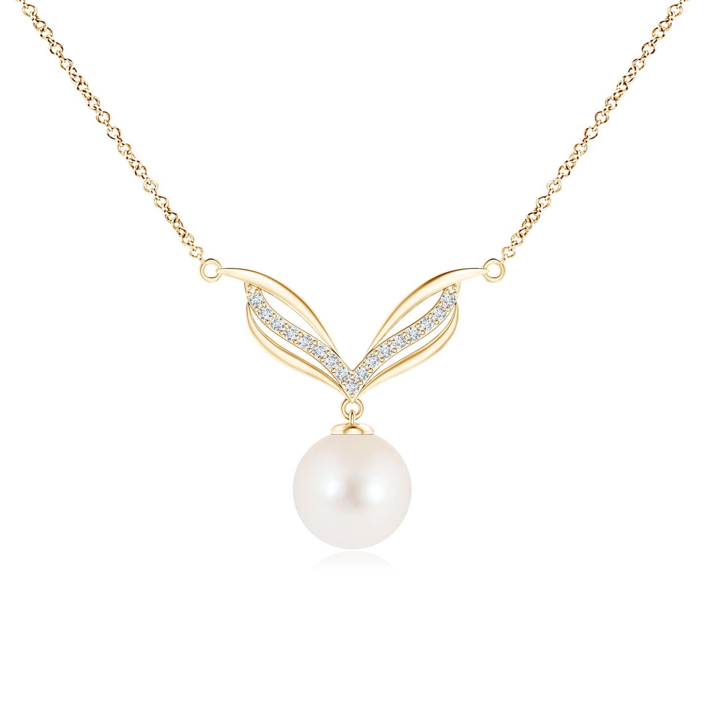 8mm AAA Freshwater Pearl Angel Wings Necklace with Diamonds in Yellow Gold
