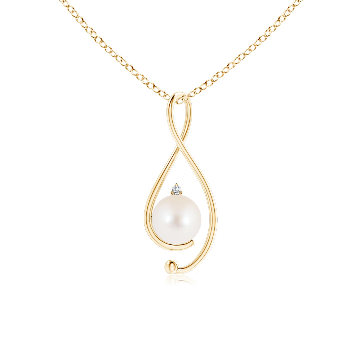 8mm AAA Freshwater Pearl Infinity Pendant with Diamond in Yellow Gold