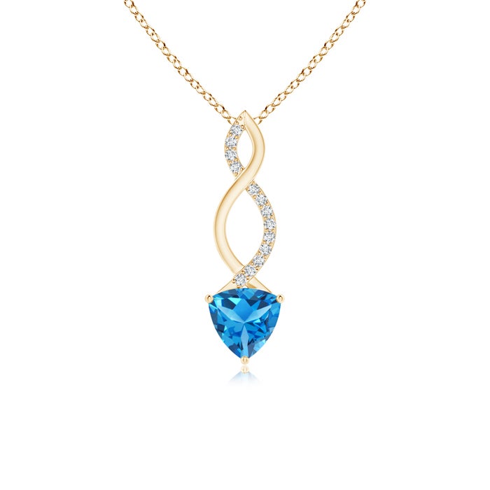 6mm AAAA Trillion Swiss Blue Topaz Infinity Pendant with Diamonds in Yellow Gold