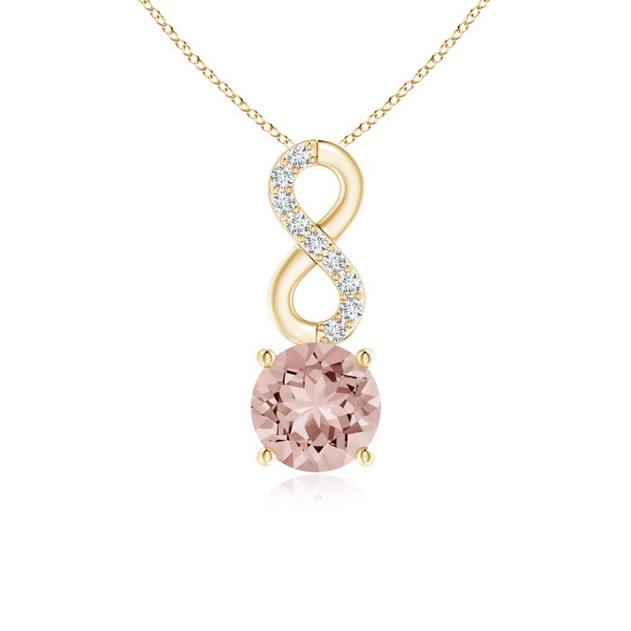 5mm AAAA Morganite Infinity Pendant with Diamond Accents in Yellow Gold 5mm AAAA Morganite Infinity Pendant with Diamond Accents in Yellow Gold