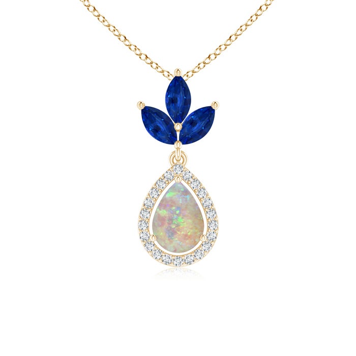 7x5mm AAAA Floating Opal and Diamond Halo Pendant with Sapphires in Yellow Gold