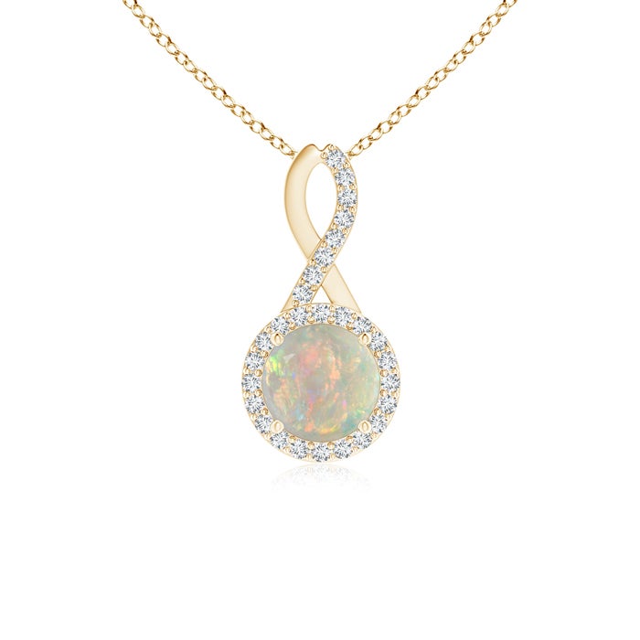 6mm AAAA Infinity Round Opal and Diamond Halo Pendant in Yellow Gold