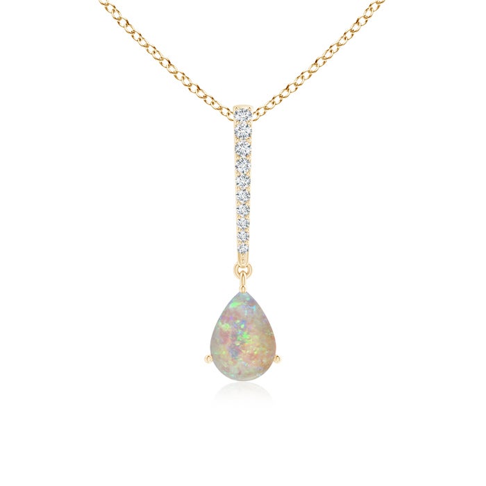 7x5mm AAAA Opal Solitaire Long Drop Pendant with Diamond Studded Bale in Yellow Gold