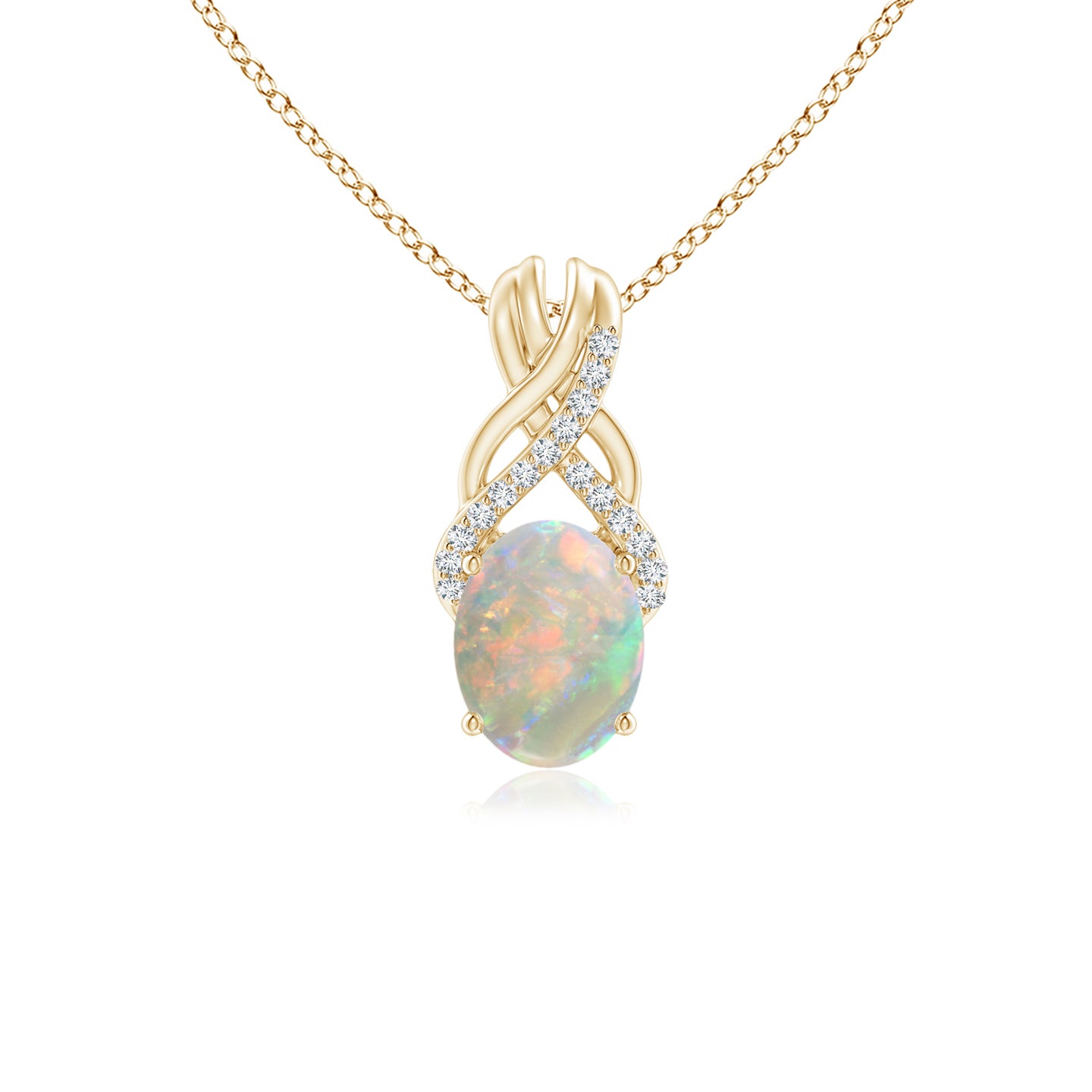 8x6mm AAAA Oval Opal Criss Cross Pendant with Diamonds in Yellow Gold