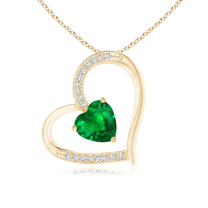 6mm AAAA Emerald and Diamond Tilted Heart Pendant in Yellow Gold 6mm AAAA Emerald and Diamond Tilted Heart Pendant in Yellow Gold