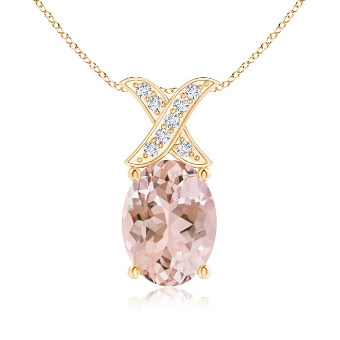 8x6mm AAAA Oval Morganite XO Pendant with Diamonds in Yellow Gold 8x6mm AAAA Oval Morganite XO Pendant with Diamonds in Yellow Gold