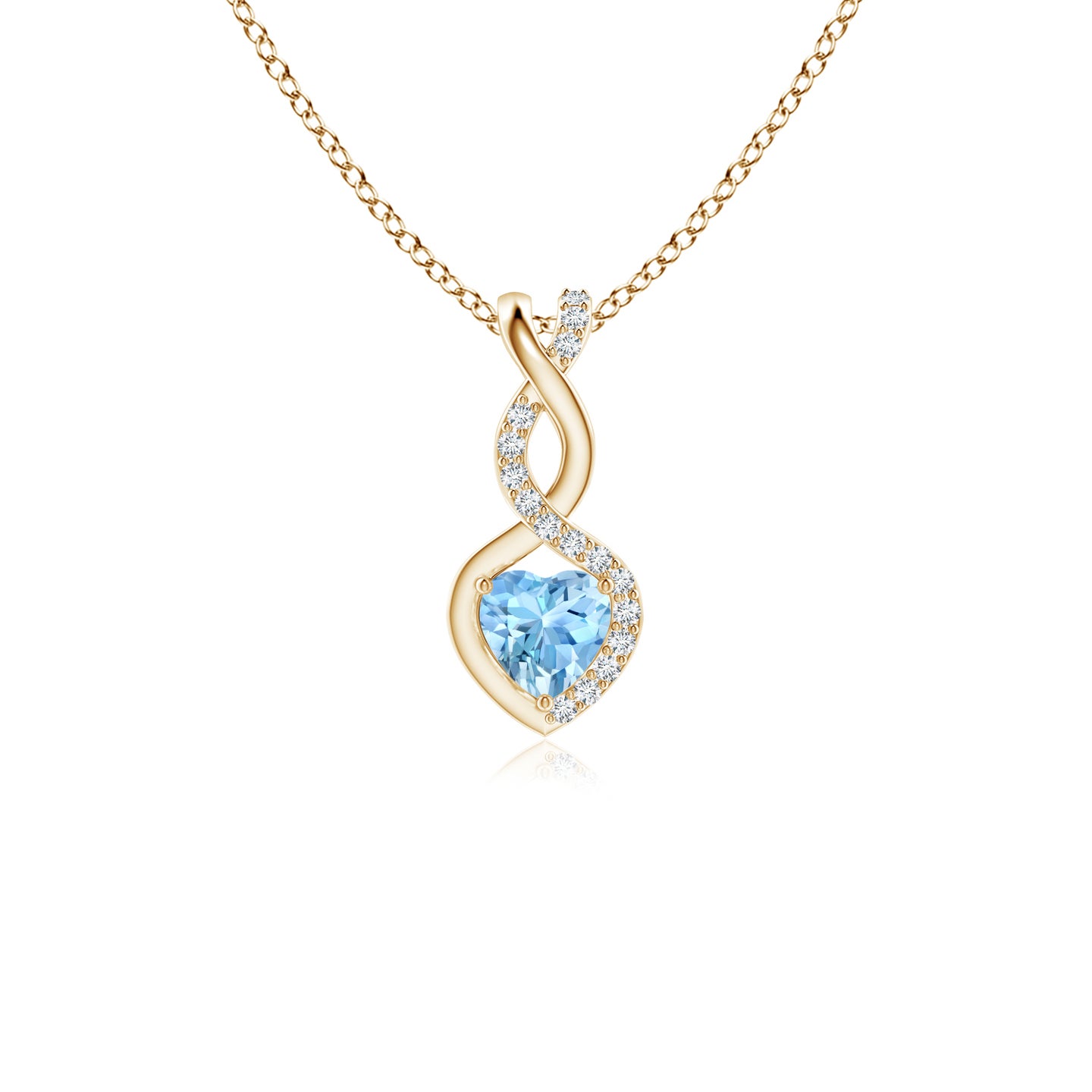 4mm AAAA Aquamarine Infinity Heart Pendant with Diamonds in Yellow Gold