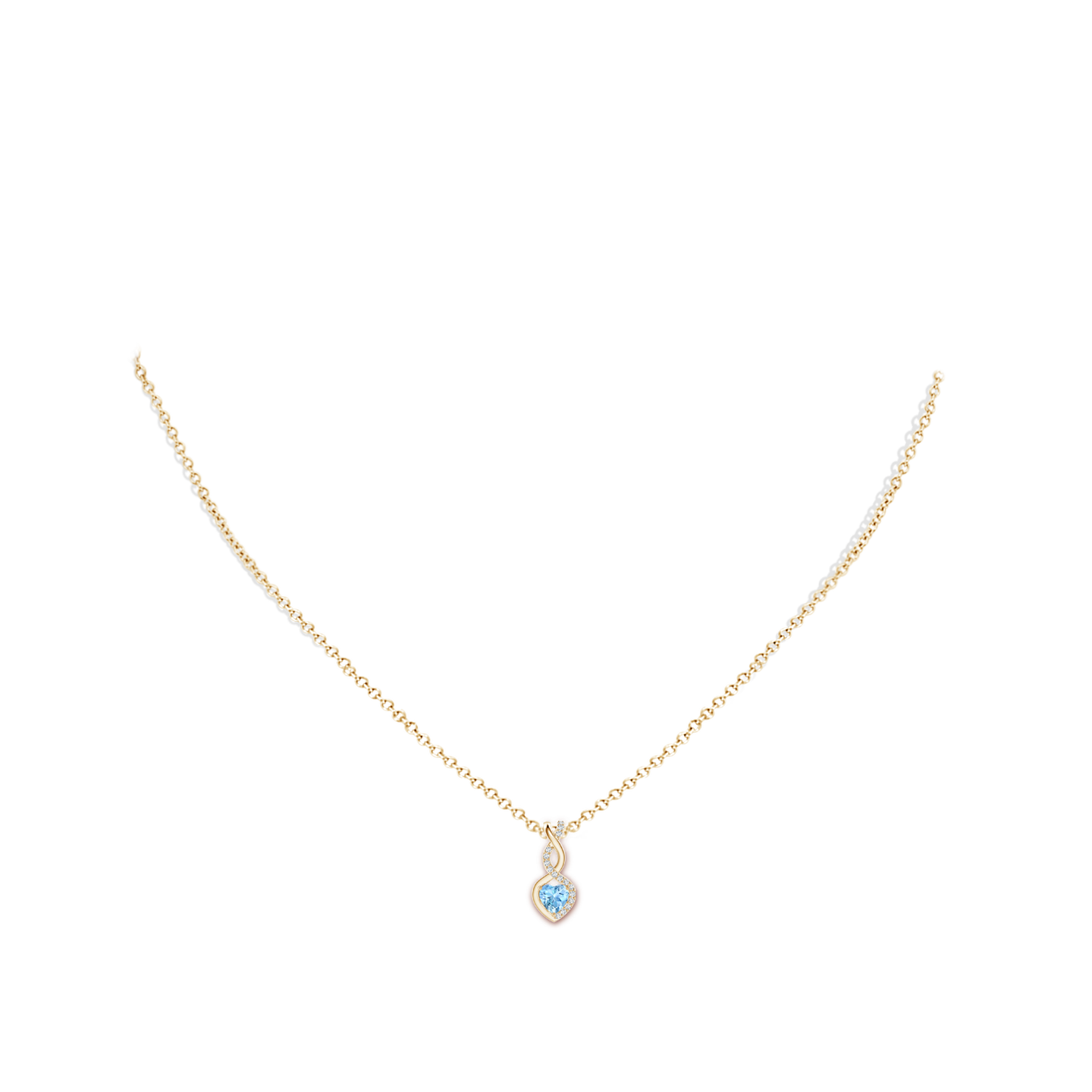 4mm AAAA Aquamarine Infinity Heart Pendant with Diamonds in Yellow Gold