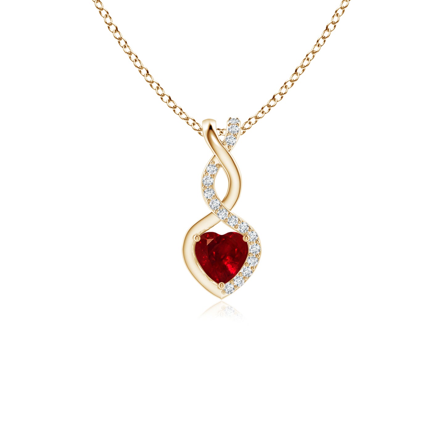 4mm AAAA Ruby Infinity Heart Pendant with Diamonds in Yellow Gold