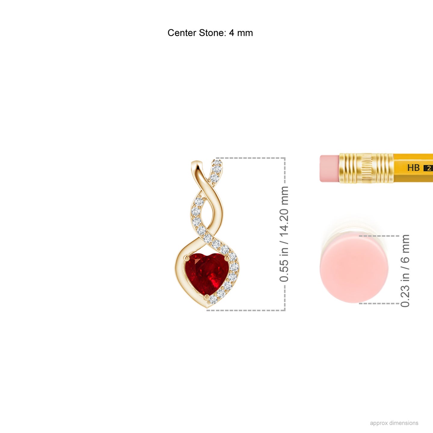 4mm AAAA Ruby Infinity Heart Pendant with Diamonds in Yellow Gold