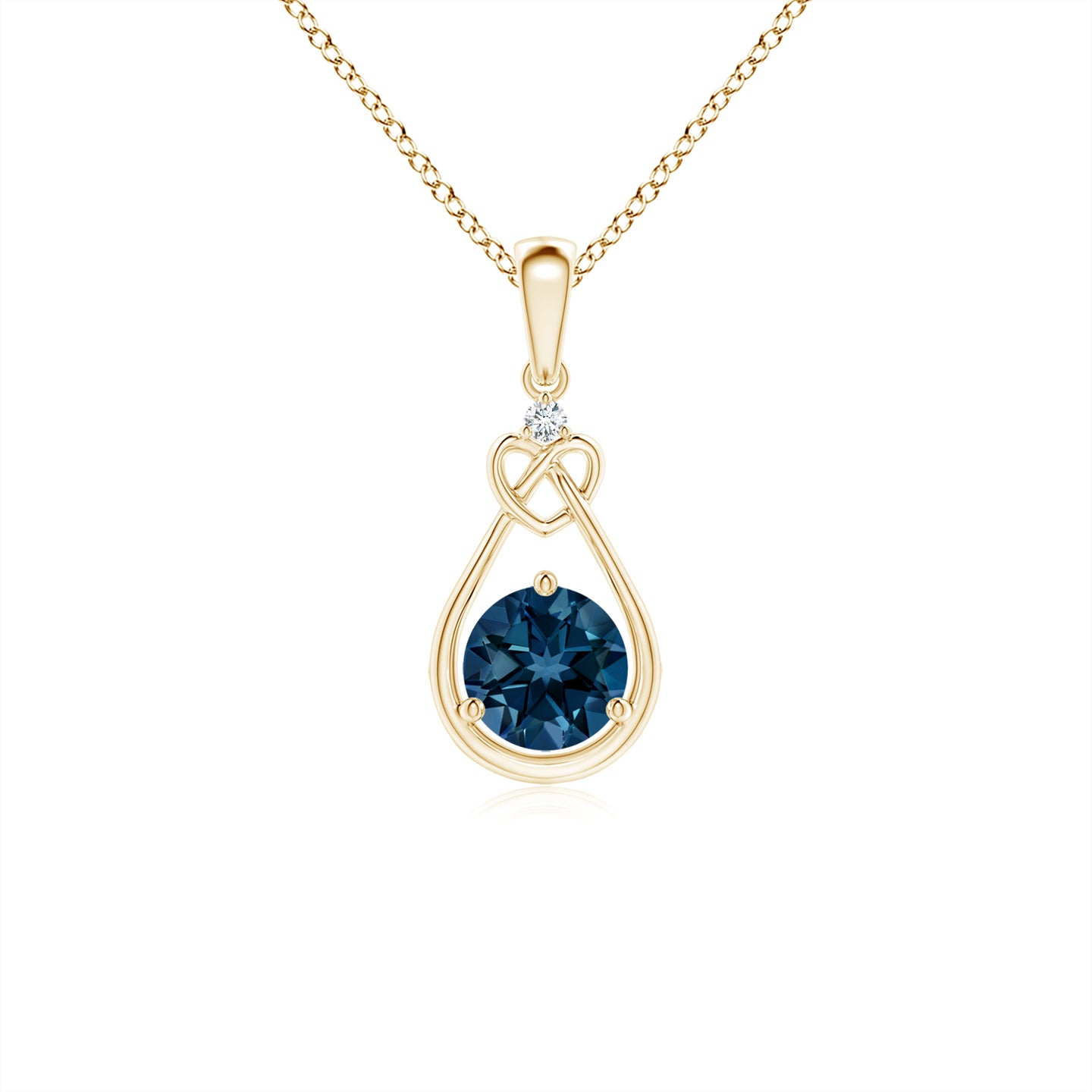 5mm AAAA London Blue Topaz Knotted Heart Pendant with Diamond in Yellow Gold