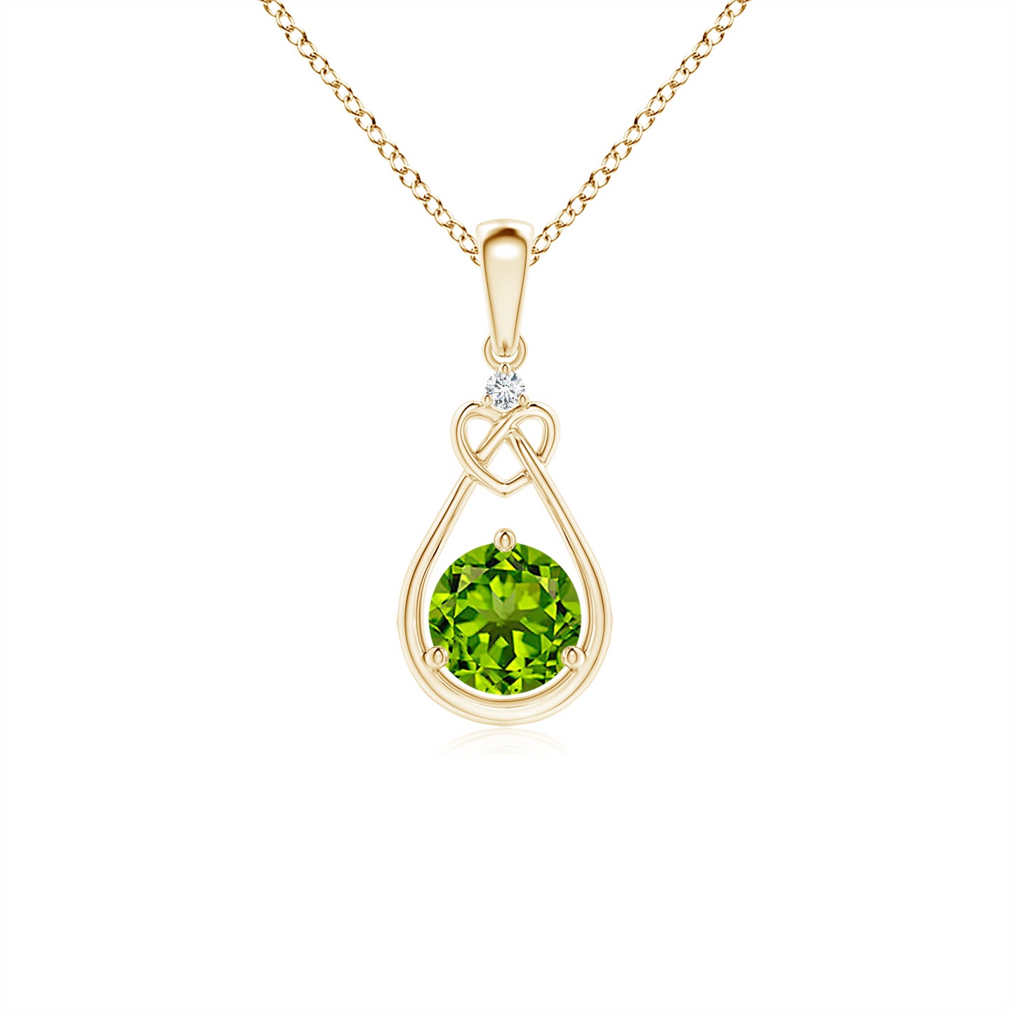 5mm AAAA Peridot Knotted Heart Pendant with Diamond in Yellow Gold 5mm AAAA Peridot Knotted Heart Pendant with Diamond in Yellow Gold