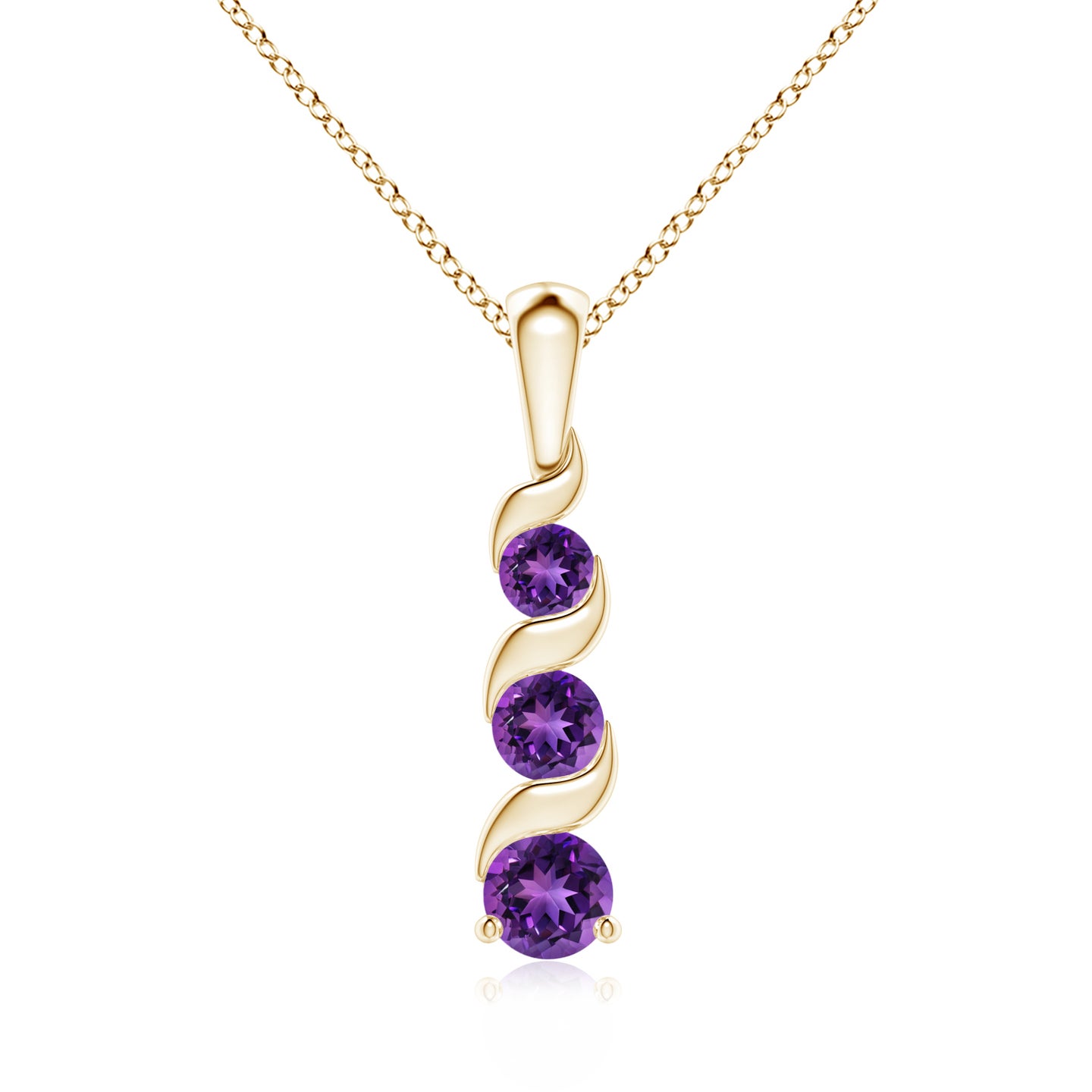 4mm AAAA Channel-Set Round Amethyst Three Stone Journey Pendant in Yellow Gold