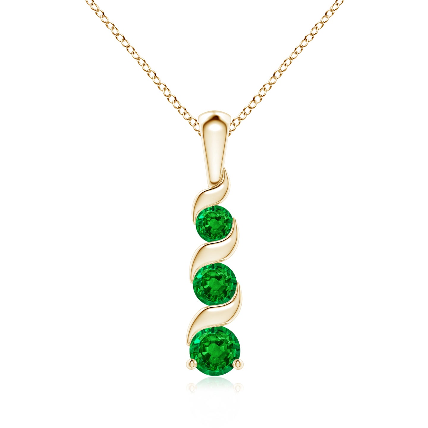 4mm AAAA Channel-Set Round Emerald Three Stone Journey Pendant in Yellow Gold 4mm AAAA Channel-Set Round Emerald Three Stone Journey Pendant in Yellow Gold