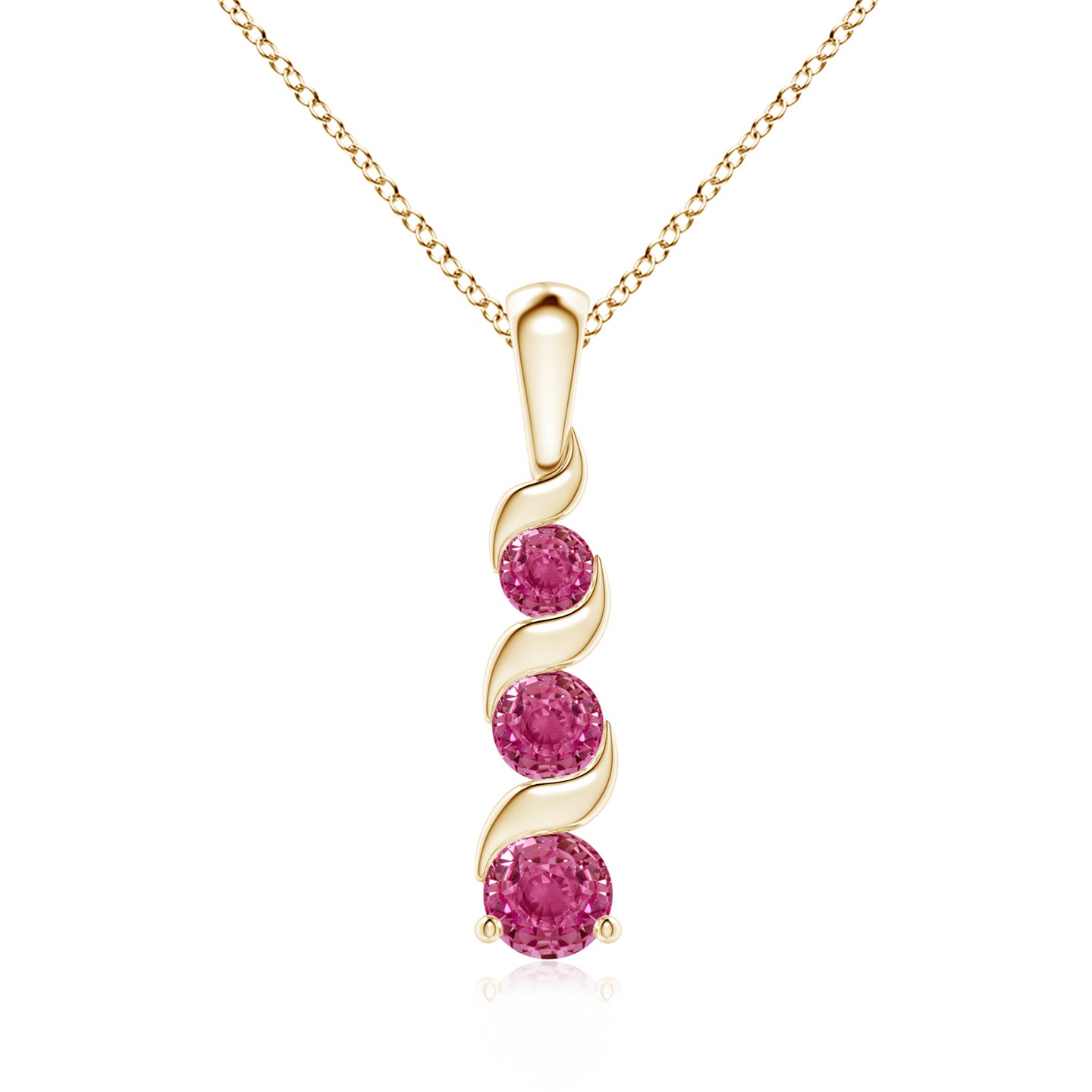 4mm AAAA Channel-Set Round Pink Sapphire Three Stone Journey Pendant in Yellow Gold