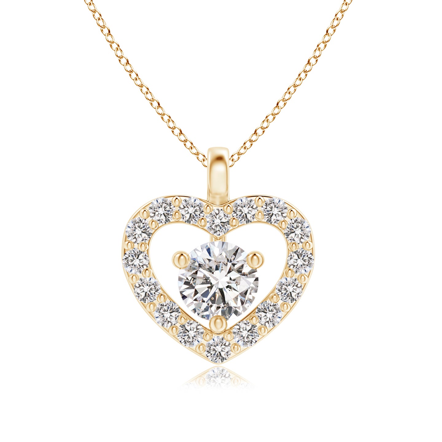 3mm IJI1I2 Solitaire Diamond Open Heart Pendant with Accents in Yellow Gold