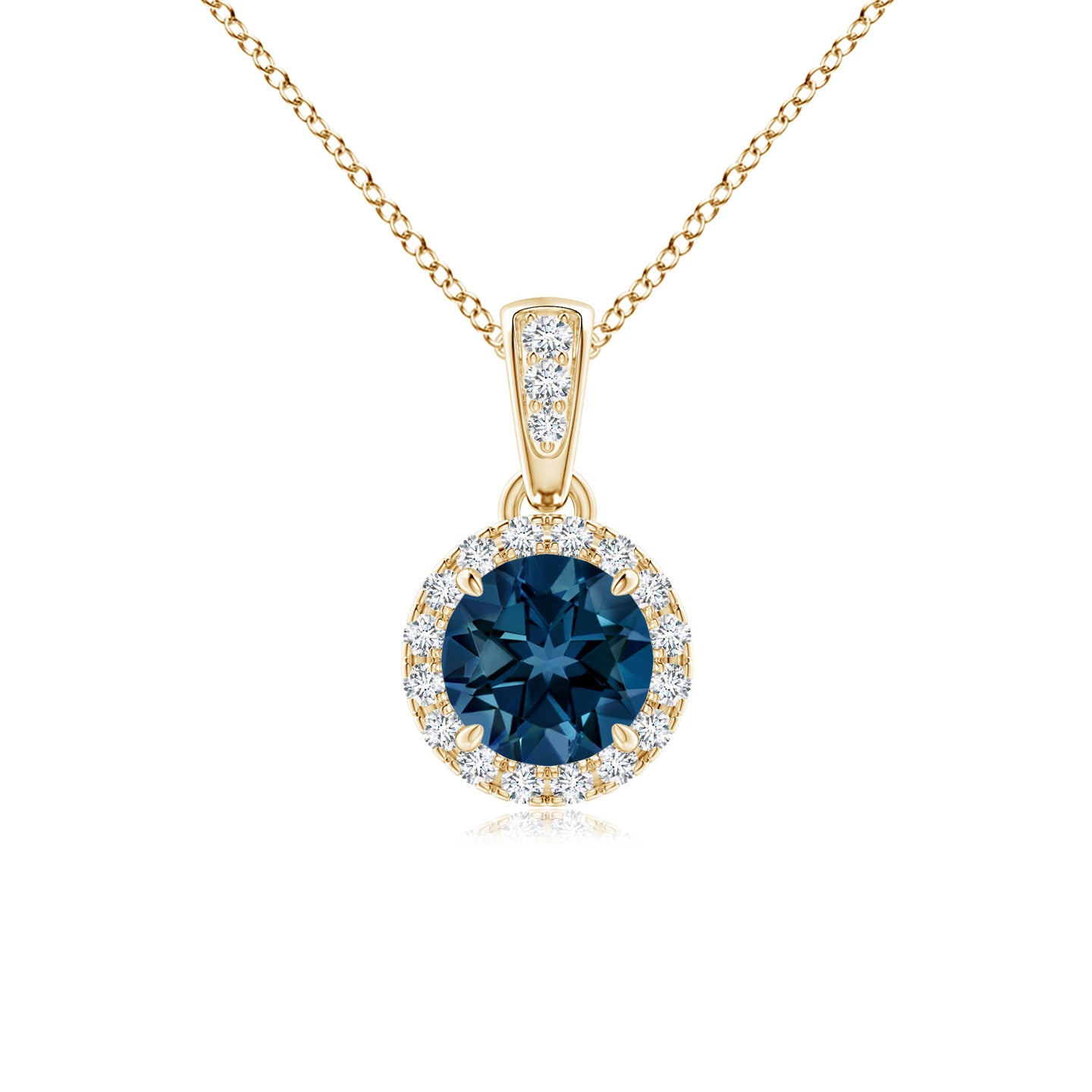 5mm AAAA Claw-Set Round London Blue Topaz Pendant with Diamond Halo in Yellow Gold