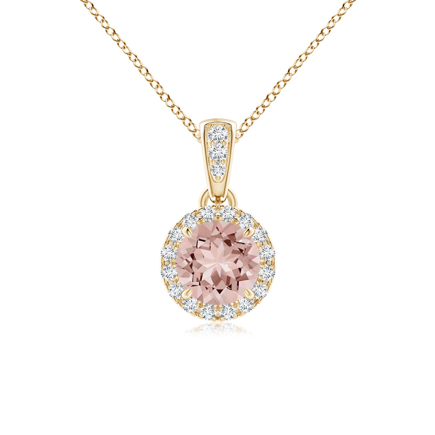 5mm AAAA Claw-Set Round Morganite Pendant with Diamond Halo Pendant in Yellow Gold 5mm AAAA Claw-Set Round Morganite Pendant with Diamond Halo Pendant in Yellow Gold