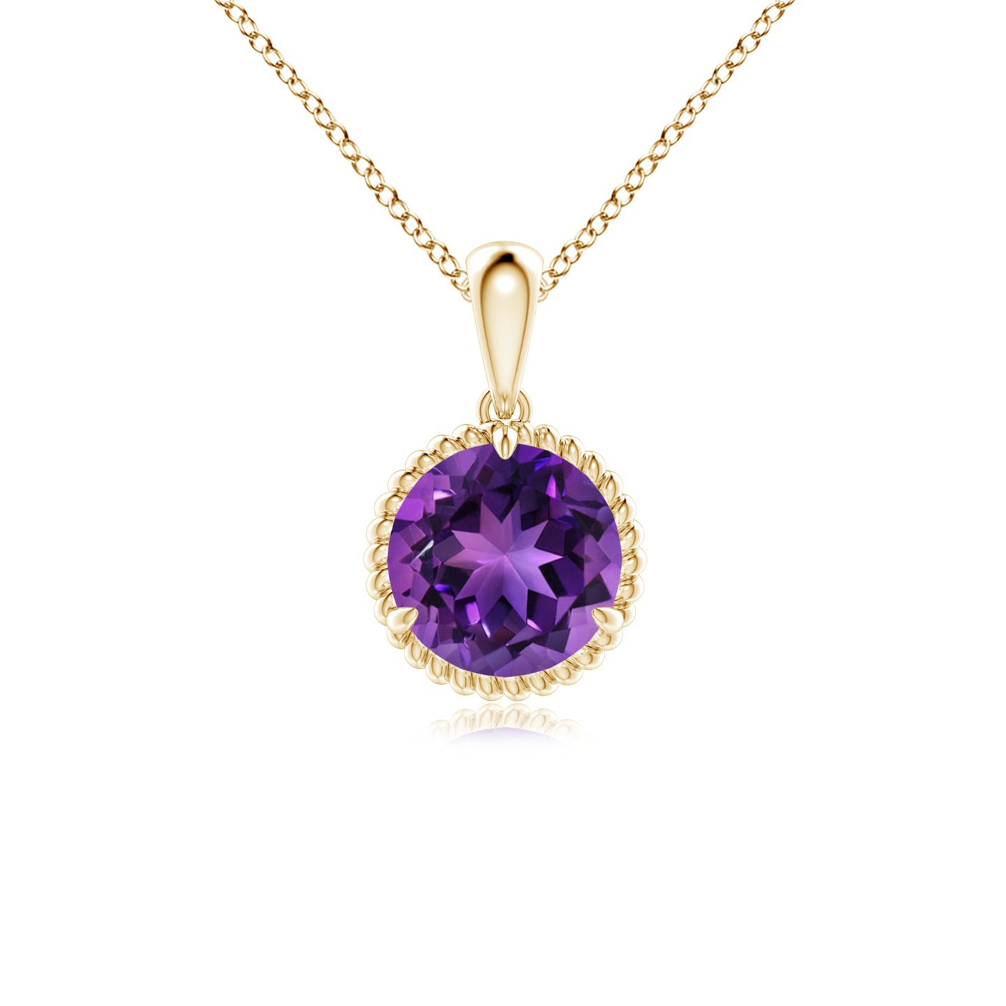 7mm AAAA Rope-Framed Claw-Set Amethyst Solitaire Pendant in Yellow Gold