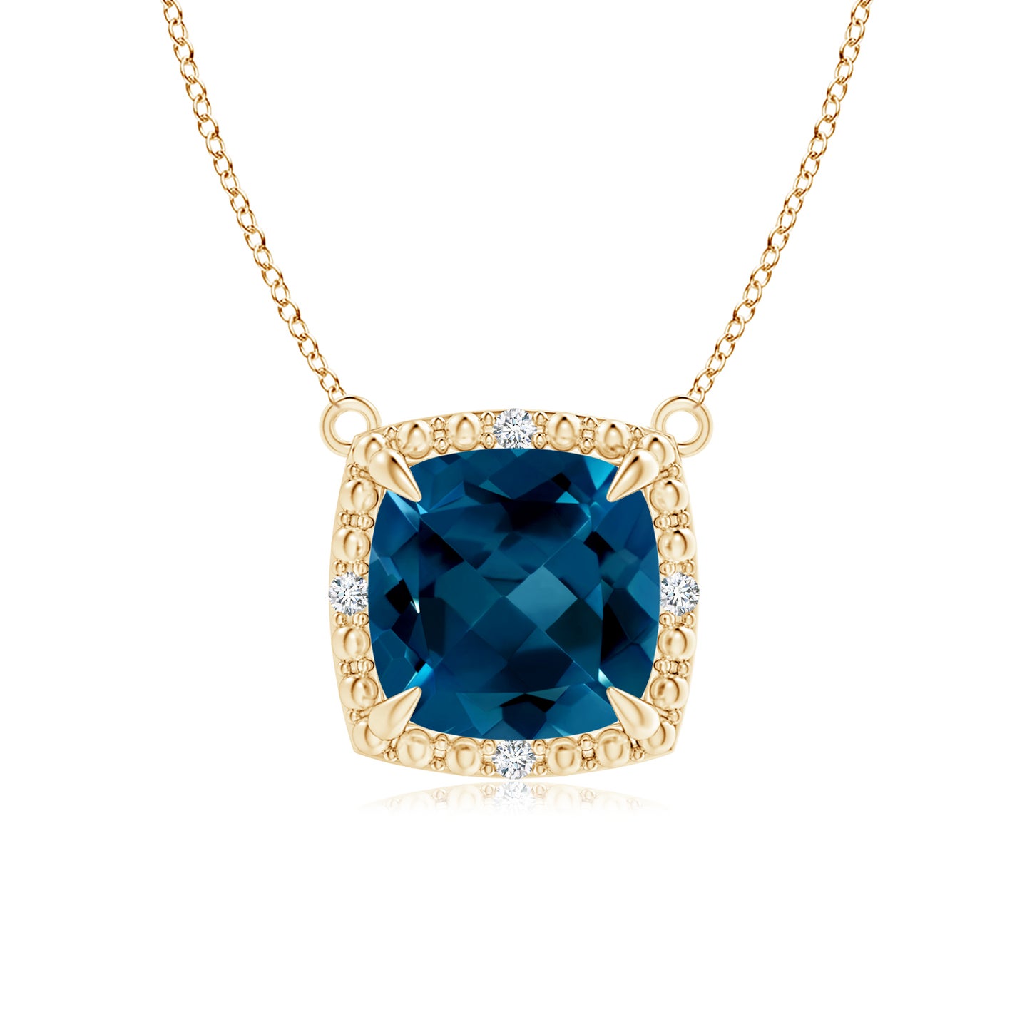7mm AAAA Claw-Set Cushion London Blue Topaz Beaded Halo Necklace in Yellow Gold