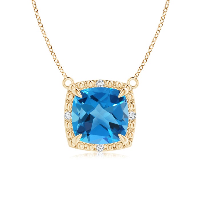 7mm AAAA Claw-Set Cushion Swiss Blue Topaz Beaded Halo Necklace in Yellow Gold