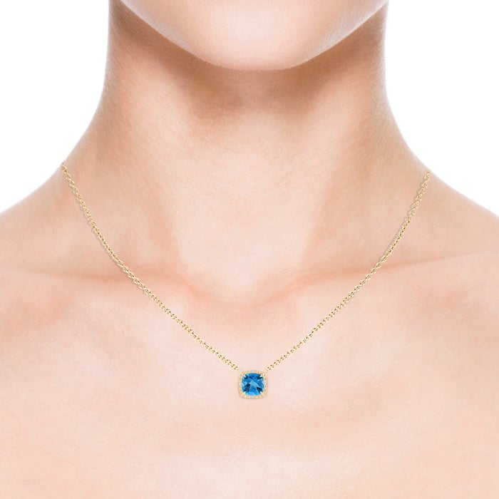7mm AAAA Claw-Set Cushion Swiss Blue Topaz Beaded Halo Necklace in Yellow Gold