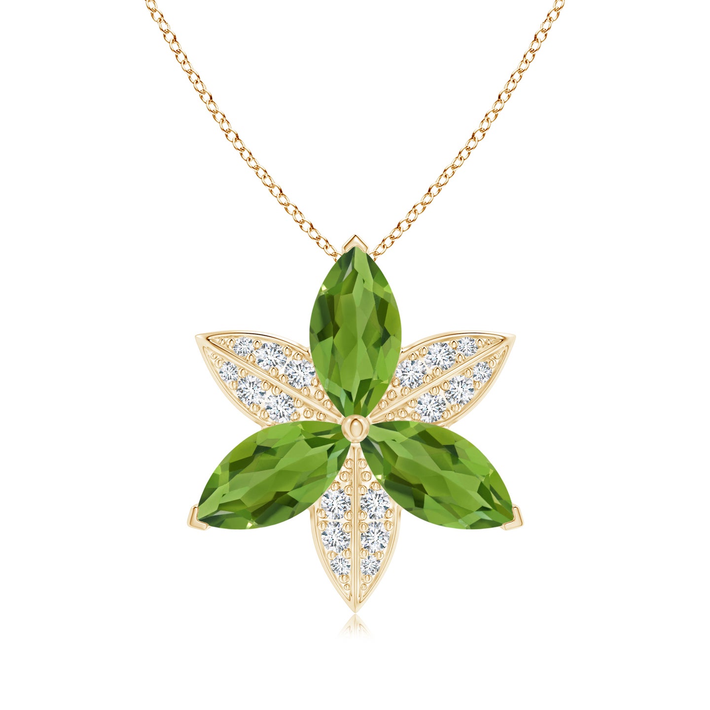 12x6mm AAAA Peridot and Diamond Trillium Flower Pendant in Yellow Gold 12x6mm AAAA Peridot and Diamond Trillium Flower Pendant in Yellow Gold