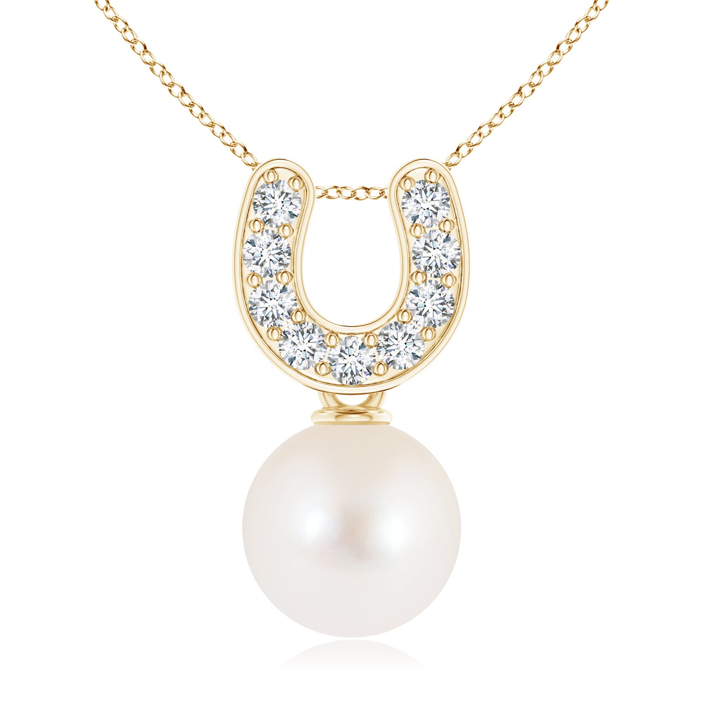 8mm AAAA Freshwater Pearl Horseshoe Pendant with Diamonds in Yellow Gold