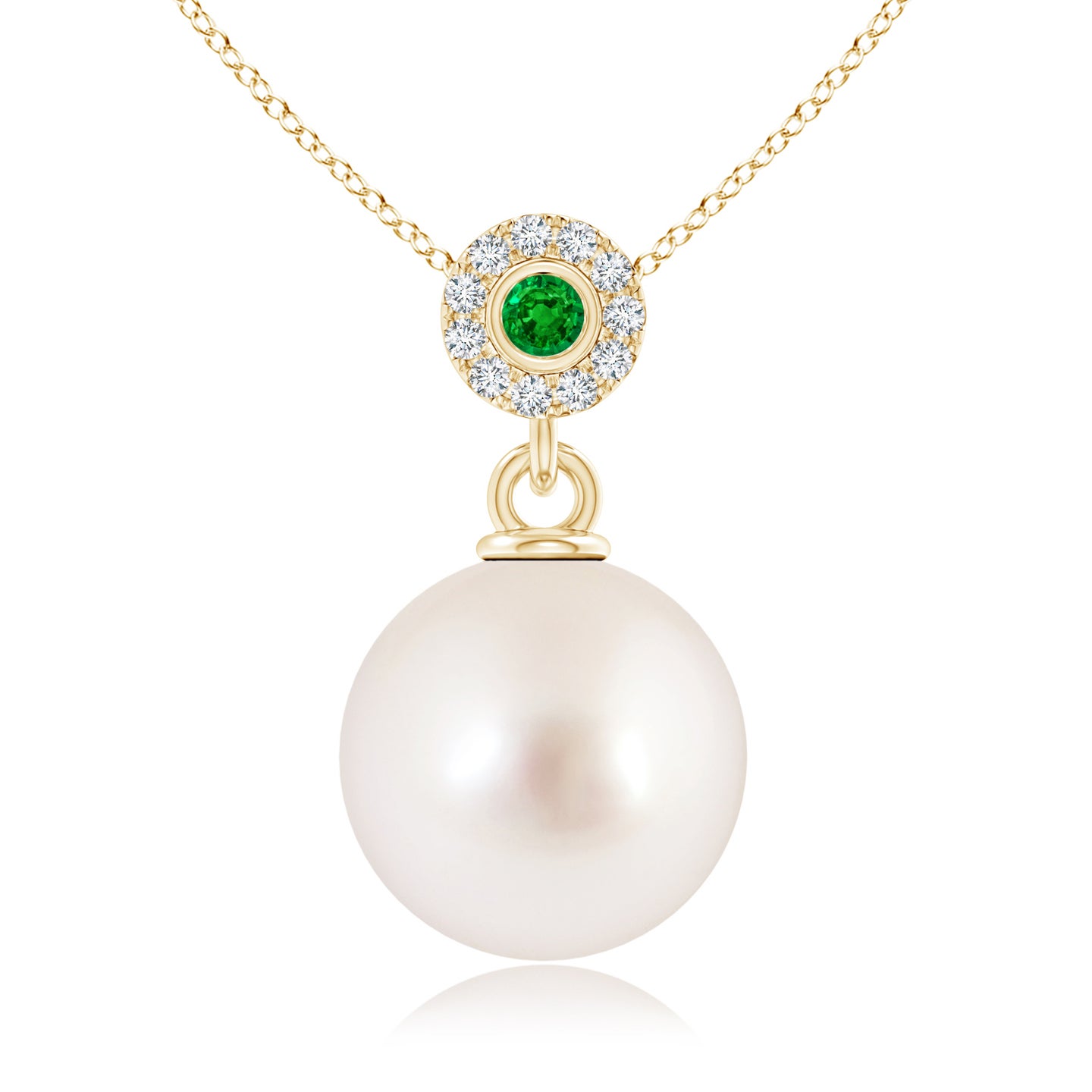 10mm AAAA South Sea Pearl Halo Pendant with Bezel Emerald in Yellow Gold