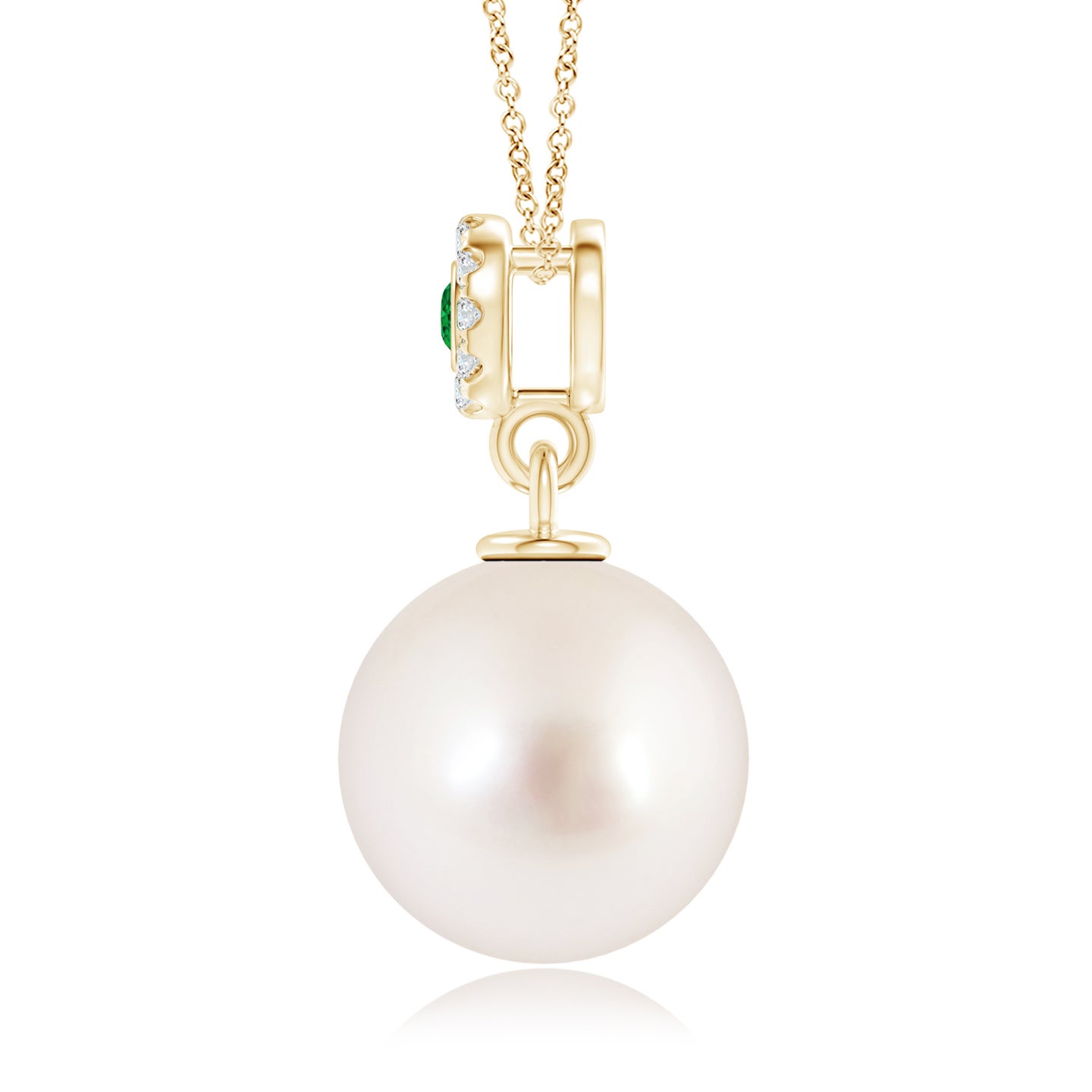 10mm AAAA South Sea Pearl Halo Pendant with Bezel Emerald in Yellow Gold