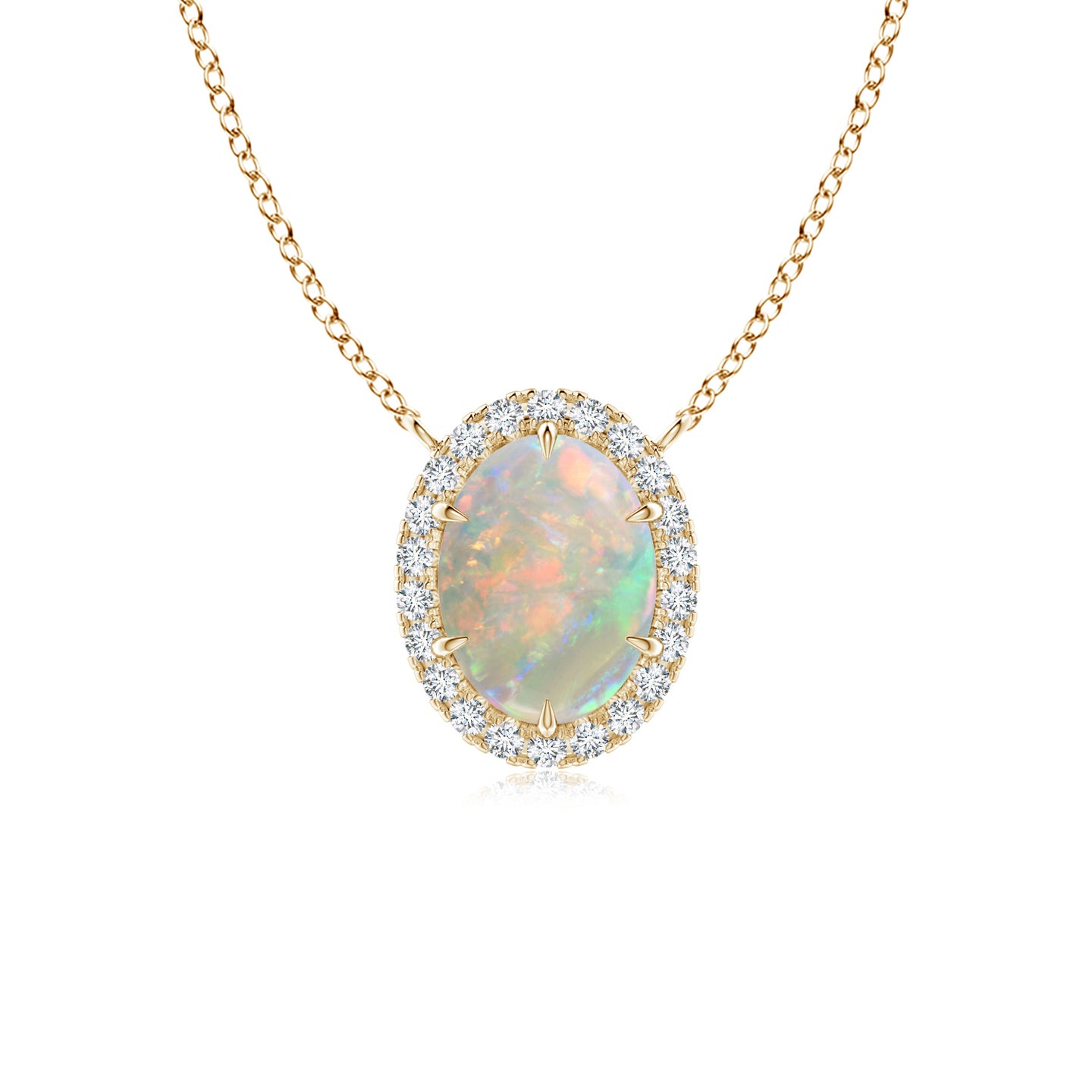 8x6mm AAAA Oval Opal Ellipse Halo Pendant in Yellow Gold