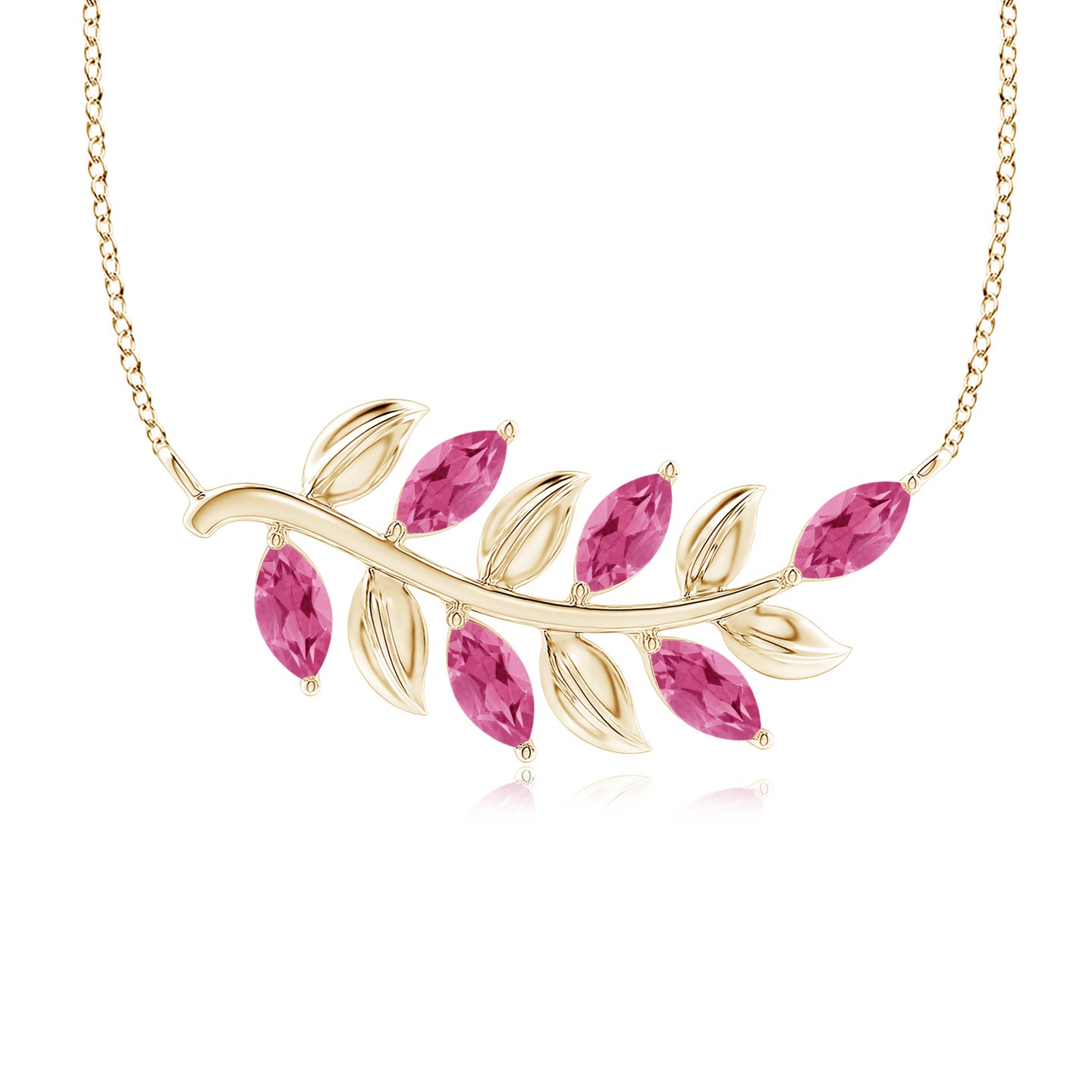5x2.5mm AAAA Marquise Pink Sapphire Olive Branch Pendant in Yellow Gold