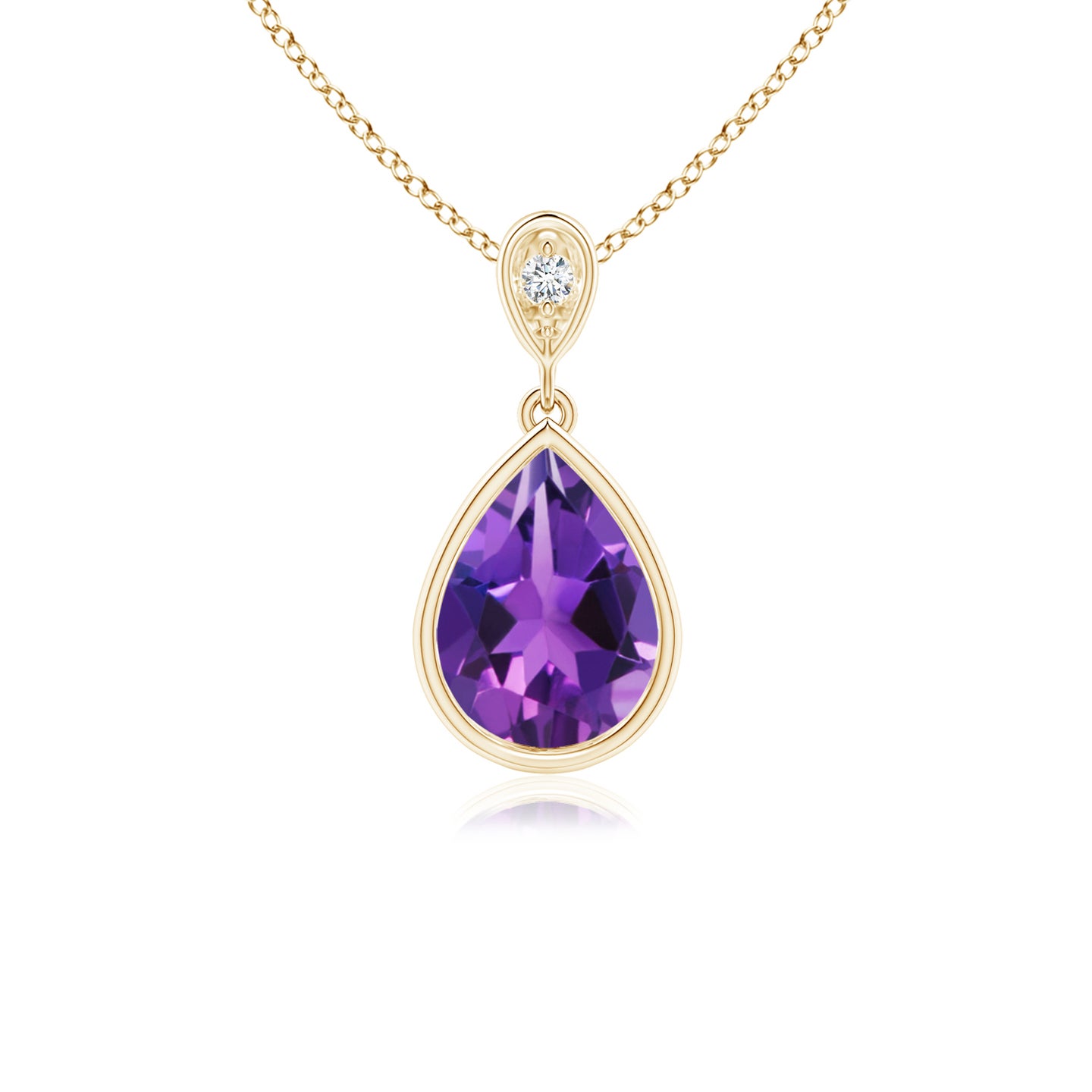8x6mm AAAA Bezel-Set Amethyst Teardrop Pendant with Diamond in Yellow Gold