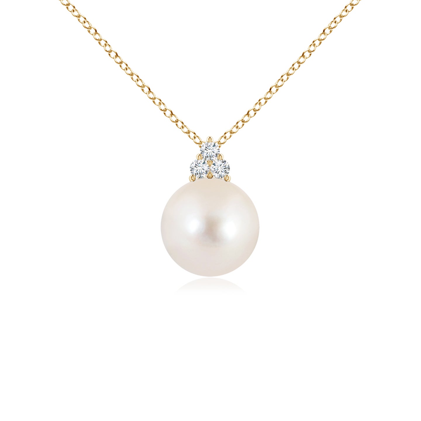 8mm AAAA Freshwater Pearl and Trio Diamond Pendant in Yellow Gold
