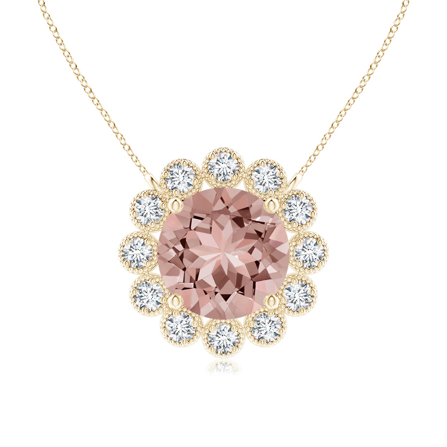 6mm AAAA Morganite Pendant with Bezel-Set Diamond Halo in Yellow Gold 6mm AAAA Morganite Pendant with Bezel-Set Diamond Halo in Yellow Gold