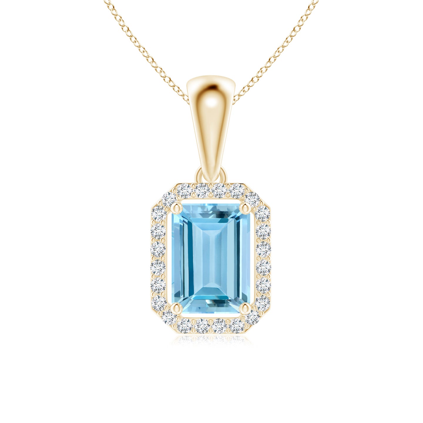 6x4mm AAAA Floating Emerald-Cut Aquamarine Halo Pendant in Yellow Gold 6x4mm AAAA Floating Emerald-Cut Aquamarine Halo Pendant in Yellow Gold