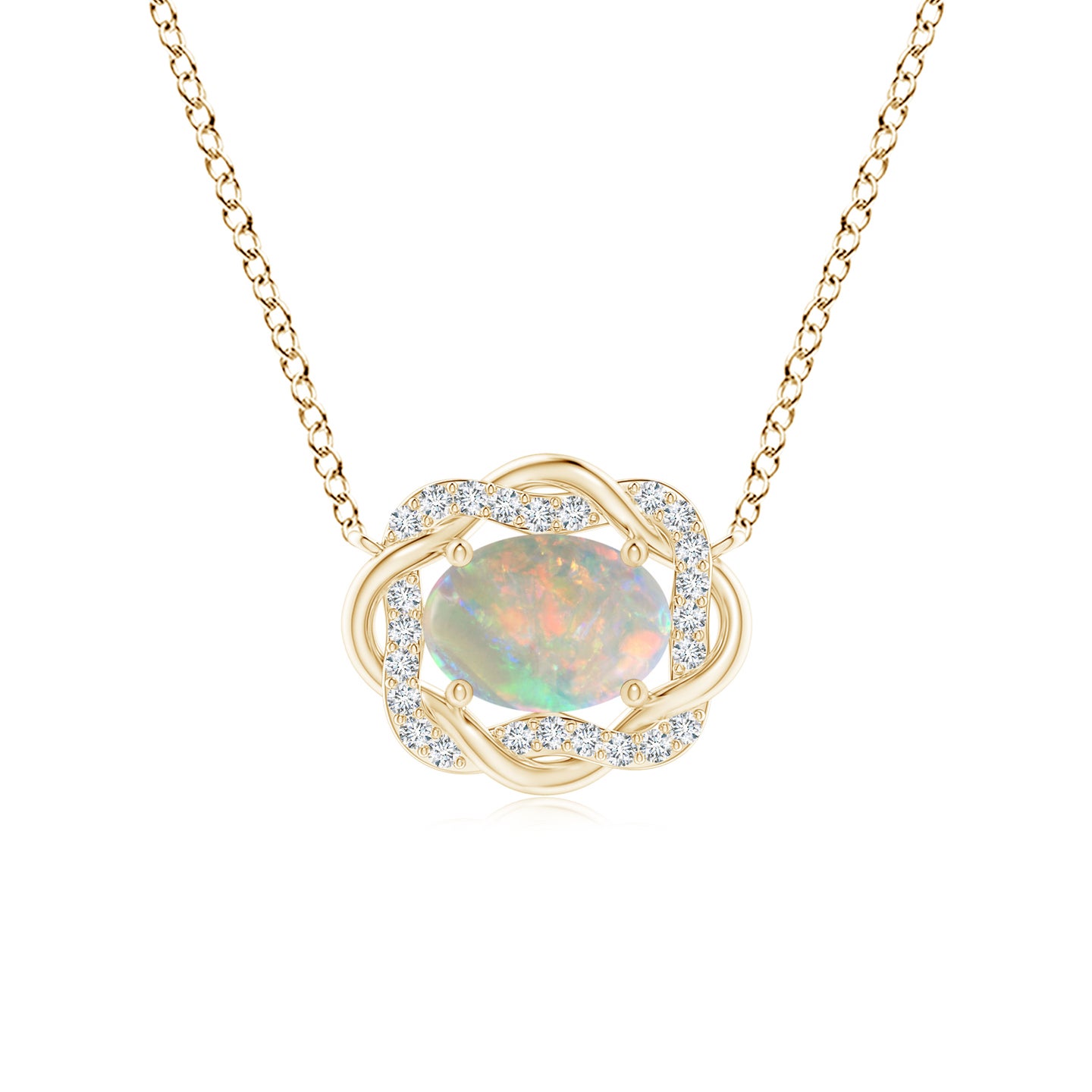 7x5mm AAAA Oval Opal Braided Pendant with Diamond Accents in Yellow Gold