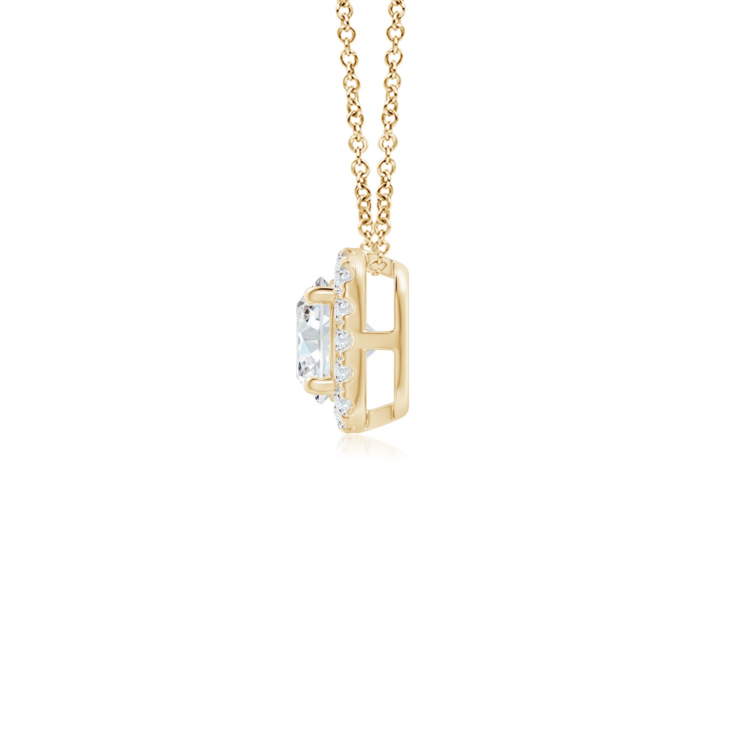 5.5mm GVS2 Round Diamond Cushion Halo Pendant in Yellow Gold