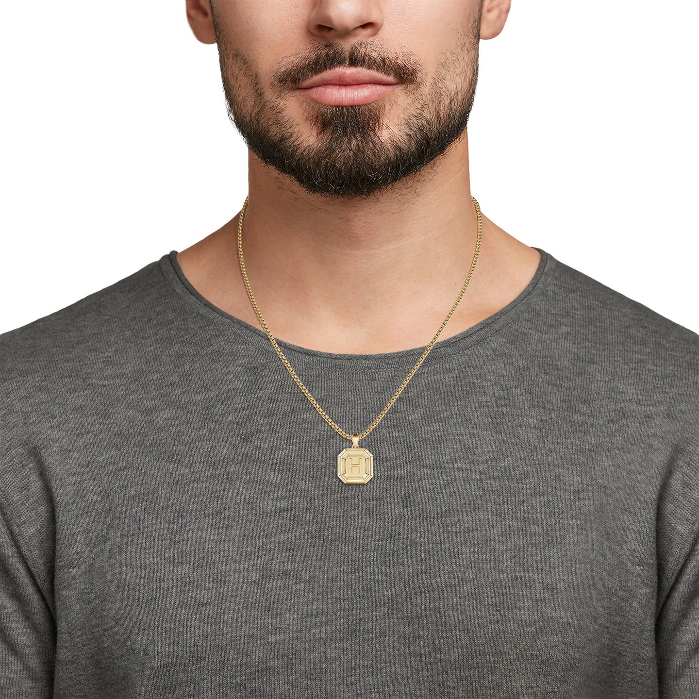 Men's Capital 'H' Octagon Medallion Initial Pendant With Chain