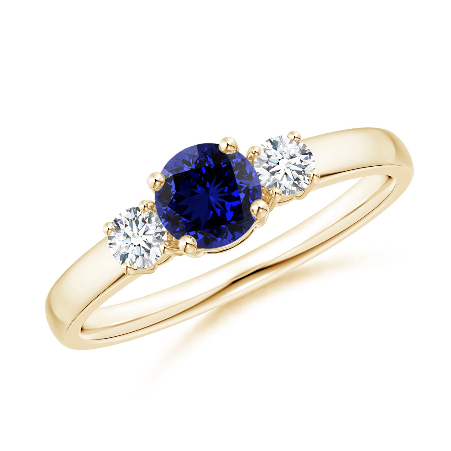 5mm Labgrown Lab-Grown Classic Blue Sapphire and Diamond Three Stone Engagement Ring in Yellow Gold