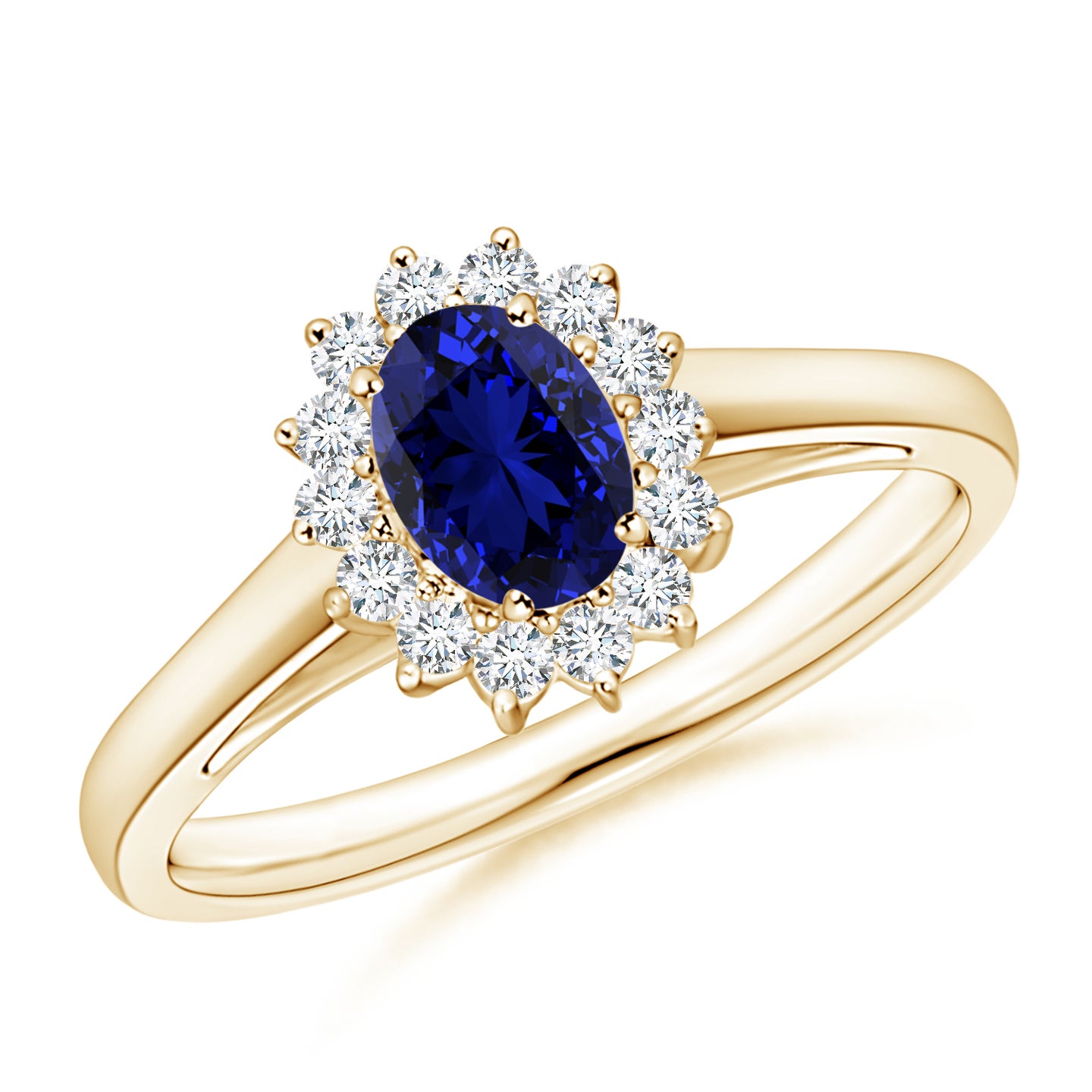 6x4mm Labgrown Lab-Grown Princess Diana Inspired Blue Sapphire Ring with Lab Diamond Halo in Yellow Gold