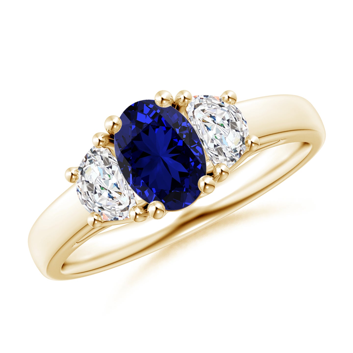 7x5mm Labgrown Lab-Grown 3 Stone Oval Blue Sapphire and Half Moon Diamond Ring in Yellow Gold