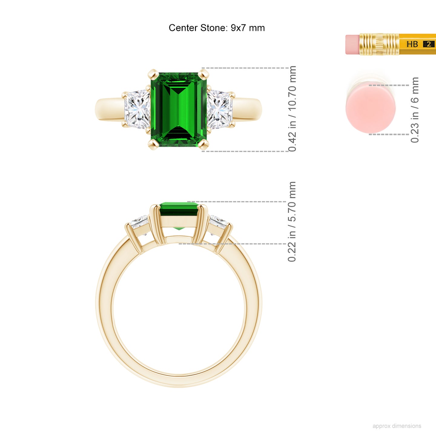 9x7mm Labgrown Lab-Grown Emerald and Diamond Three Stone Ring in Yellow Gold