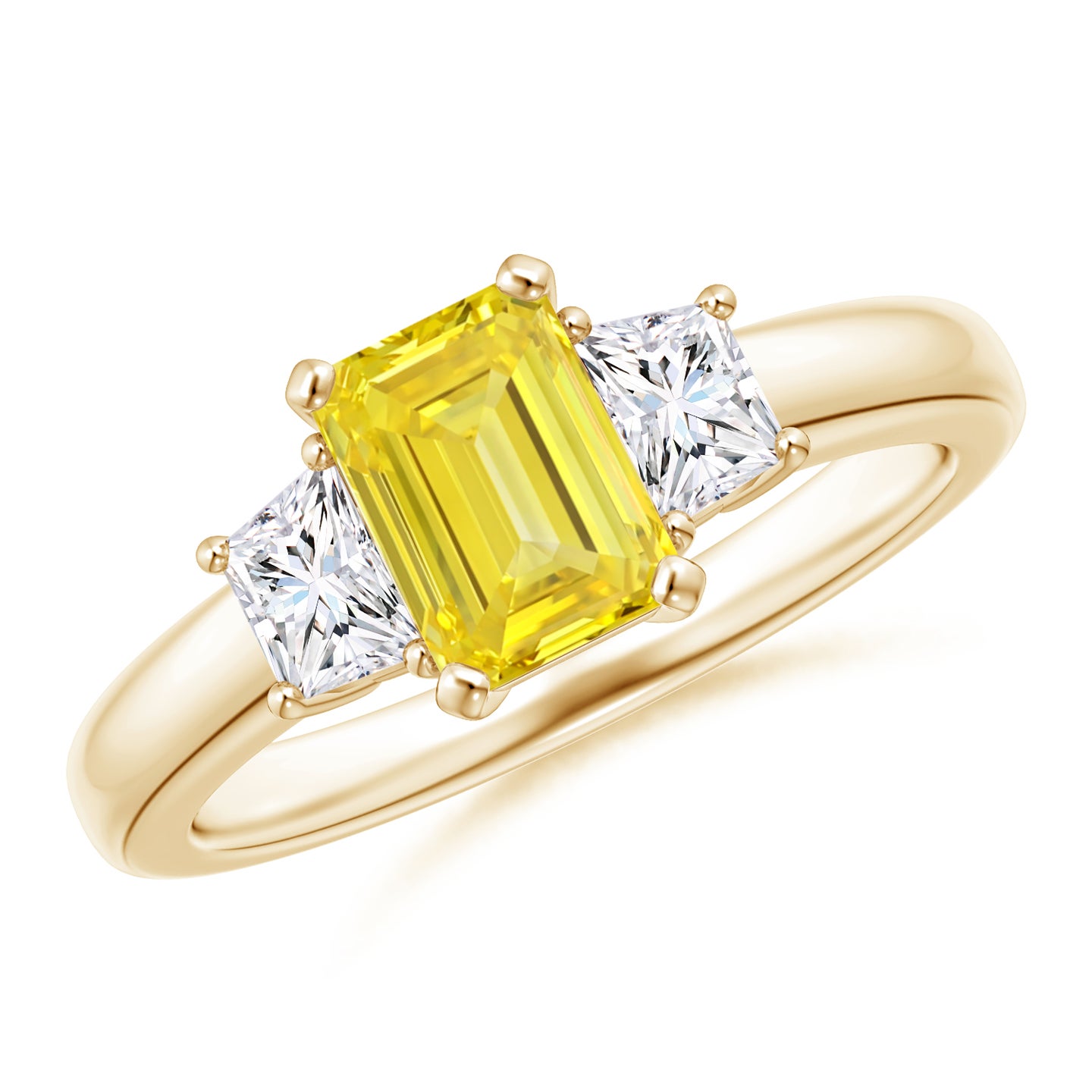Lab-Grown Fancy Intense Yellow Emerald-Cut and White Trapezoid Diamond Three Stone Ring Lab-Grown Fancy Intense Yellow Emerald-Cut and White Trapezoid Diamond Three Stone Ring
