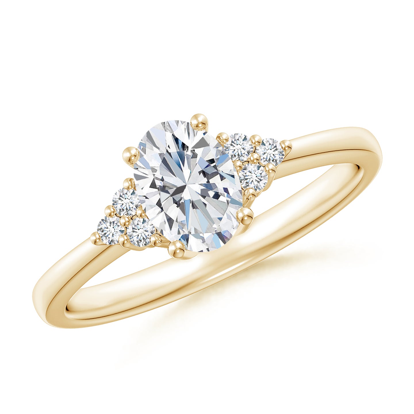 7x5mm FGVS Lab-Grown Solitaire Oval Diamond Ring with Trio Diamond Accents in Yellow Gold
