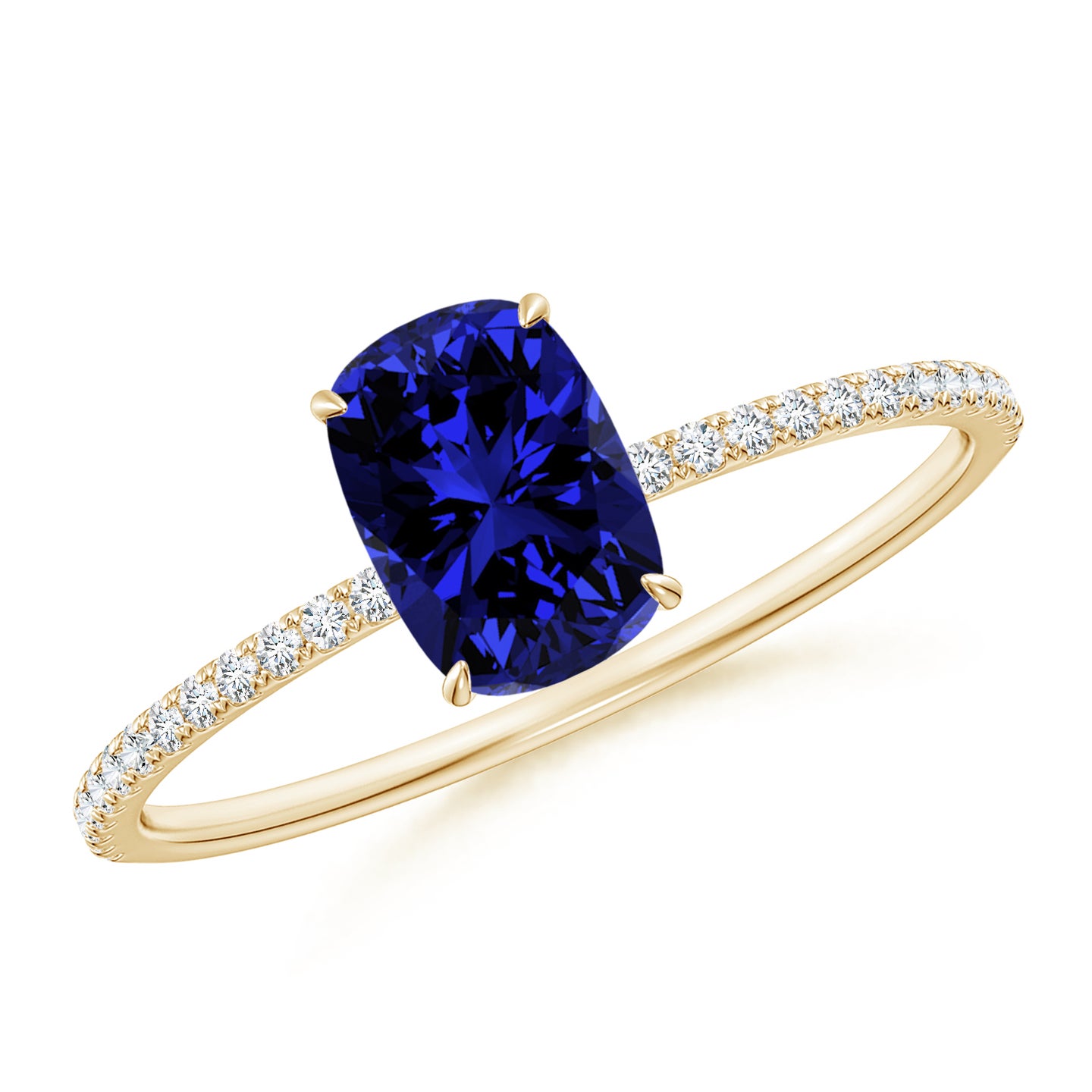 7x5mm Labgrown Lab-Grown Thin Shank Cushion Sapphire Ring with Diamond Accents in Yellow Gold