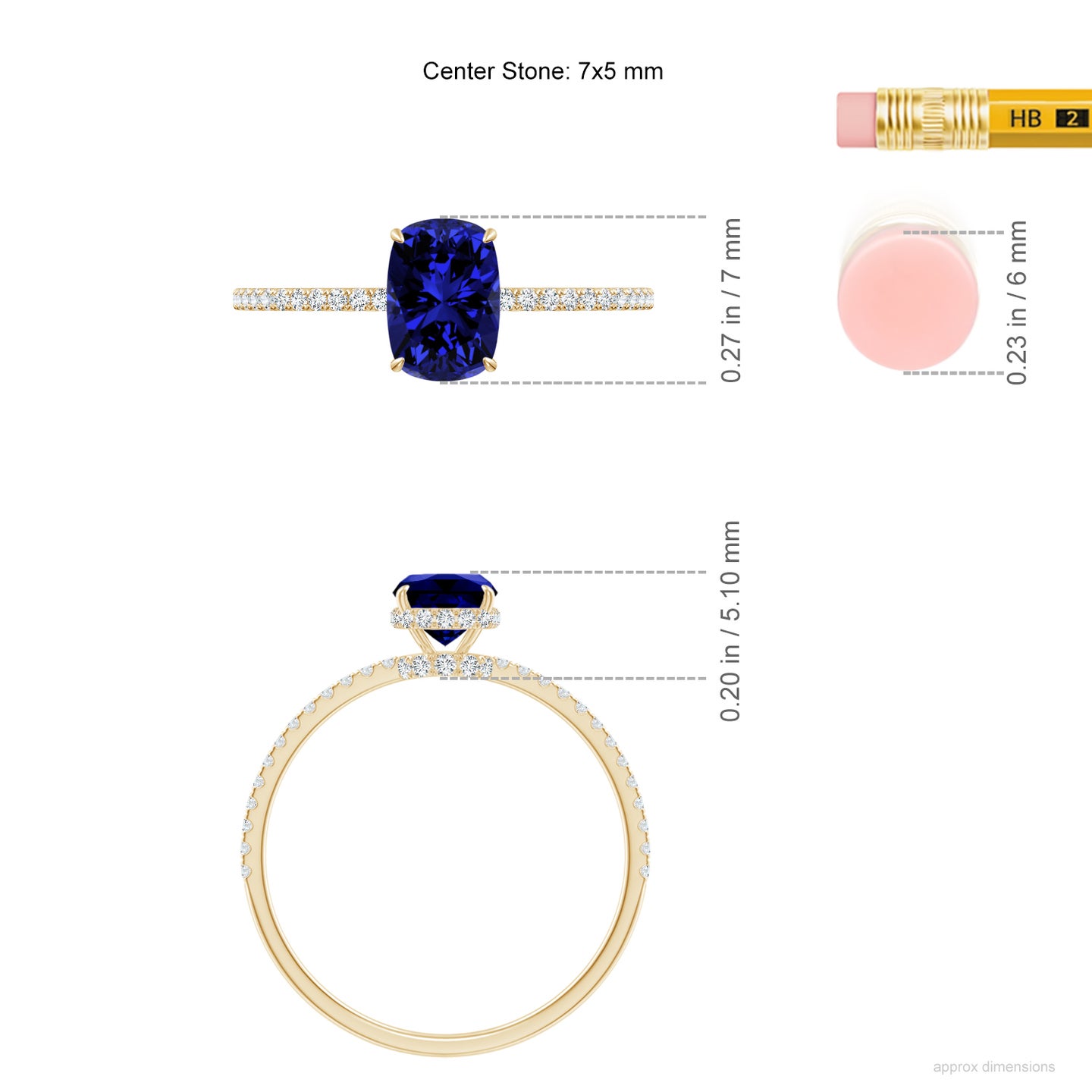 7x5mm Labgrown Lab-Grown Thin Shank Cushion Sapphire Ring with Diamond Accents in Yellow Gold